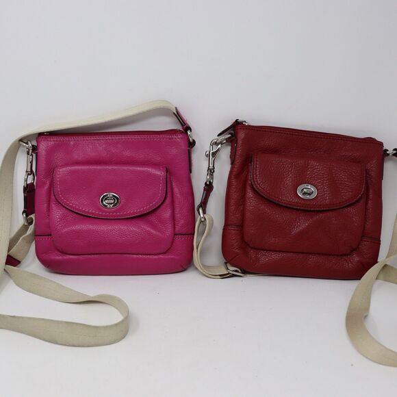 Coach Park Red & Pink Swingpack CrossBody Bag Purse Vermillion Pebble Leather - Picture 1 of 6